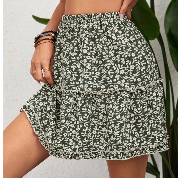 Olive Boho Floral Print Ruffle Hem Skirt - Picture 3 of 6